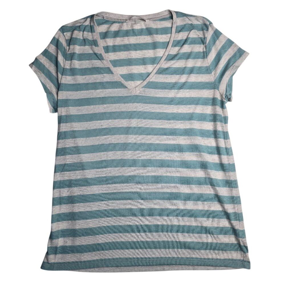 Victorias Secret‎ Womens Striped Tee MED Teal Gray Short Sleeve Vneck Soft Logo